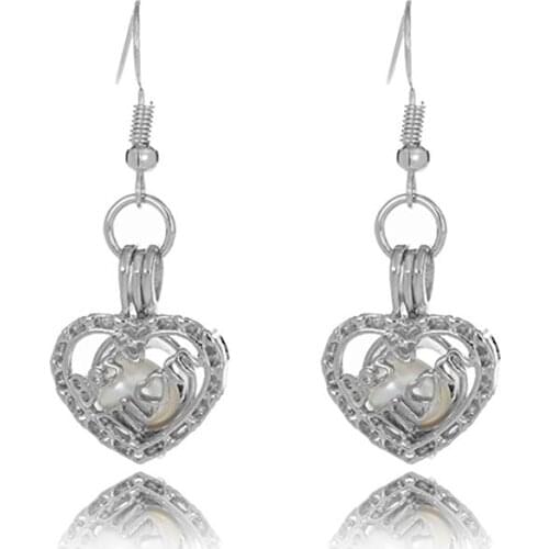 HENGSHENG Love Mom Best Gift Cage Locket Oyster Pearl Drop Heart Dangle Earrings Jewelry