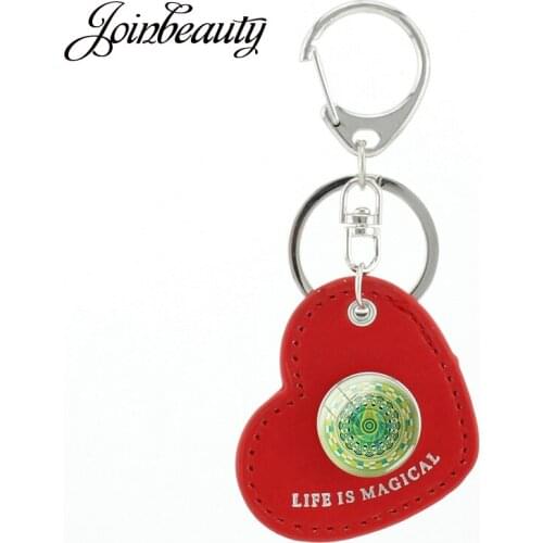 JOINBEAUTY Bohemia Colour Flower Art Geometric PU Leather Keychain Red Love Heart Shape Snap Buttons Handmade DIY Keyrings A179