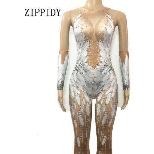 Crystals Wings Angel Jumpsuit White Feather 3D Printed Bodysuit Nigthclub Singer Dance Outfit Rhinestones Stage Rompers