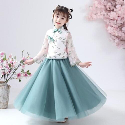 6-12-year-oldHanfu kids summer clothes children costumes cheongsam Hanfu chinese style cherry blossom Tang suit princess skirt