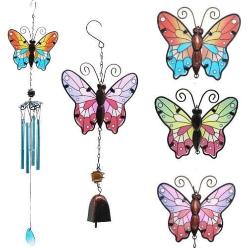 New Butterfly Metal Wind Chimes Wrought Iron Glass Painted Handicraft Hanging Ornaments Creative Home Pendant Children Girl Gift