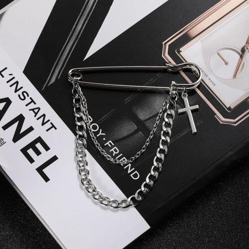 Fashion Chain Silver Color Retro Punk Pin Cross Metal Brooch Womens Mens Lovers Hip Hop Long Chain Coat Accessories Brooch
