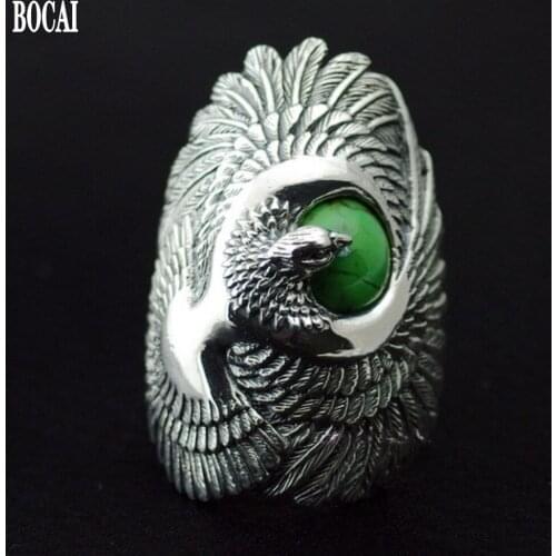 BOCAI REAL S925 silver mens ring, flying eagle turquoise mens Thai silver ring