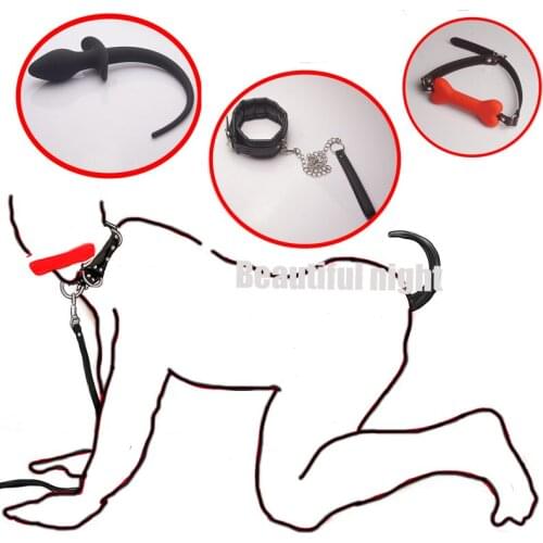 BDSM Puppy Pet Play Set,Ball Gag,Dog Tail Butt Plug,Leather Padded Leash and Collar Bondage,Sex Toys For Couples Role Playing