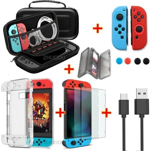 7 In 1 Game Accessory Set Black Red Blue for Nintend Switch Travel Carrying Bag Screen Protector Case Charging Cable