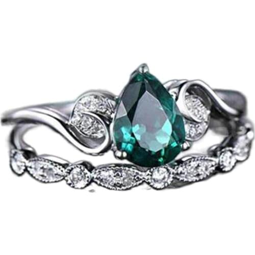 New Trendy Ladies Luxury Green Crystal Water Drop Ladies Charm Zircon Engagement Metal Ring Jewelry