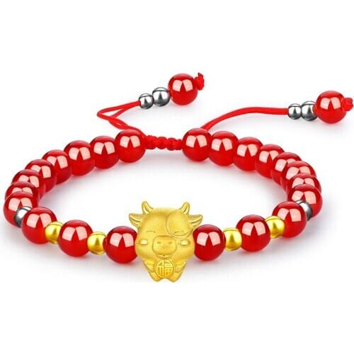 New Sha Jin Fu Bull Bracelet Zodiac Bull Bracelet Imitation 3D Hard Gold Color Preservation Imitation 999 Gold Garnet Bracelet