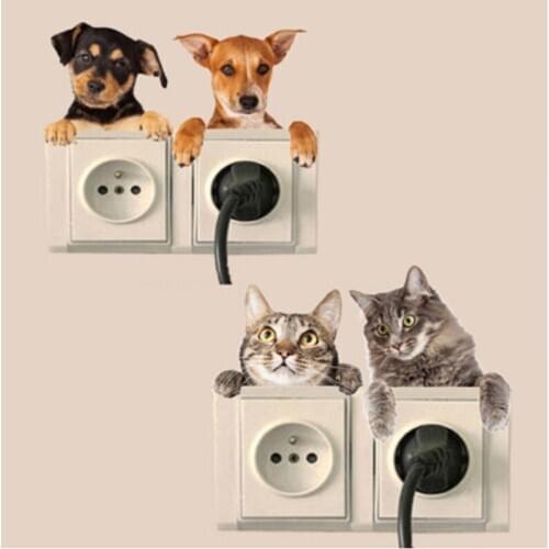 Very Cute 3D Cat And Dog Switch Stickers PVC Removable Wall Sticker Vinyl For Bedroom Living Room Home Decor Decals Socket Paste
