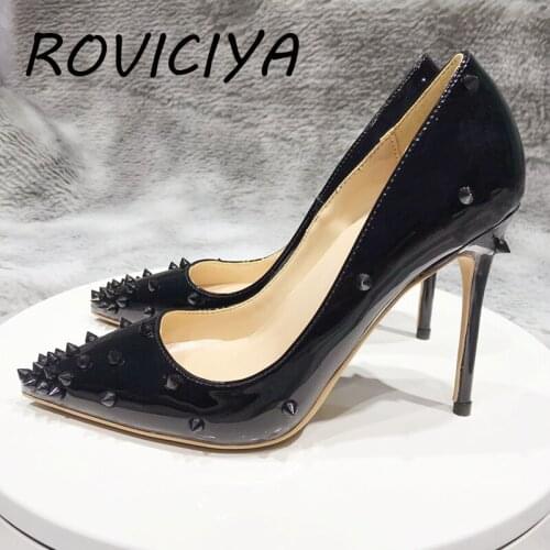 All black rivet sexy pumps diamond 12cm high heel nightclub pointed toe woman party shoes rhinestone MD038 ROVICIYA