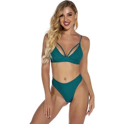 Women Sexy Lace Split Swimsuit Pure Color Bikini Dark Green