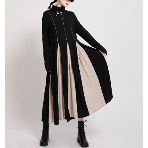 Johnature 2021 Winter New Fashion All Match Patchwork Loose Dress Women Turtleneck Hit Color Female Dresses