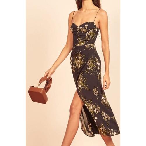 2021 Bohemia Women Sexy Sling Slit Dress Chic Floral Party robe Female Sleeveless Long Dress lacing Deep v-neck Chiffon vestido