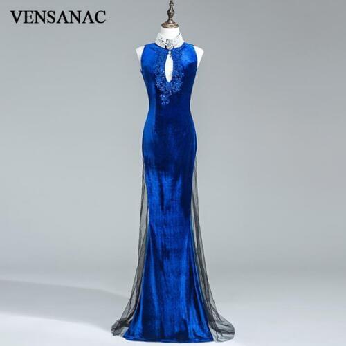 VENSANAC 2017 New Mermaid Luxury Crystals Halter Long Evening Dresses Sleeveless Beadings Sweep Train Velour Party Prom Gowns