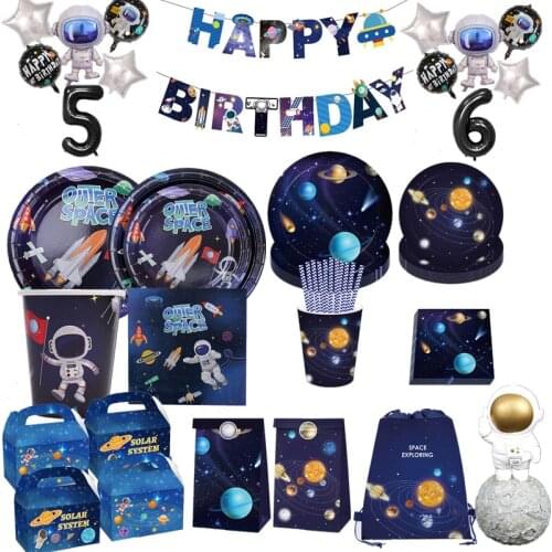 1 Set Outer Space Theme Decoration Banner Balloons UFO Spaceship Astronaut Bunting Hanging Banner Boy Kids Birthday Party Favors