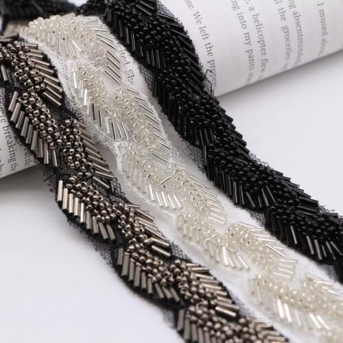 2Yards Hand Hook White Black Beaded Lace Trim Tape Fabric Ribbon DIY Collar Cuff Sewing Garment Headdress Materials Leaf Lace