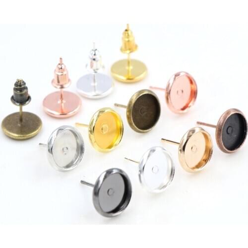 6mm 8mm 10mm 12mm 50pcs/Lot 8 Colors Plated Stainless Iron Earring Studs(with Ear plug) Base,Fit 6-12mm Glass Cabochons