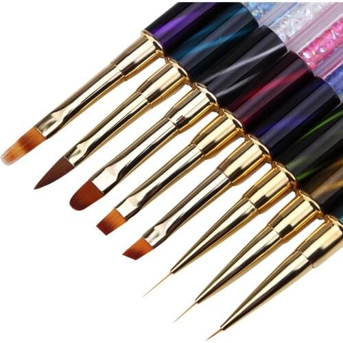 8pcs Nail Art French Stripe Lines Liner Painting Cat Eye Brush Rhinestone Handle Acrylic UV GEL Extension Builder Drawing Pen