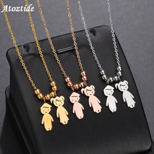 Atoztide Lovely Stainless Steel Boy Girls/Son Daughter Family Necklace Gold Love Figure Chain Necklace DIY Jewelry Accessories