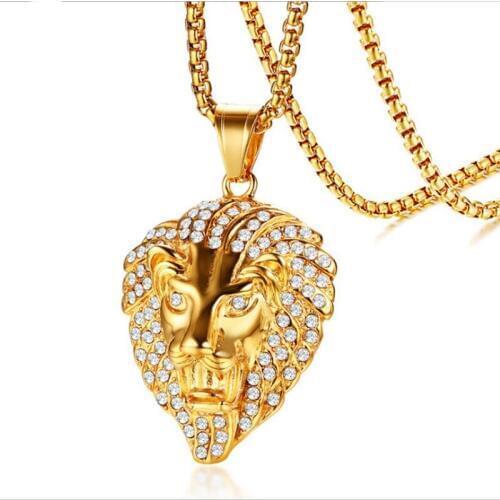 BC Hip Hop Rock Charm Iced Out Bling Golden Lion Head Pendants Necklaces Male Gold Color Stainless Steel Chain Gift For Men