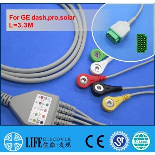 One piece ECG cable with 5 snap lead wires for GE dash,pro,solar patient monitor