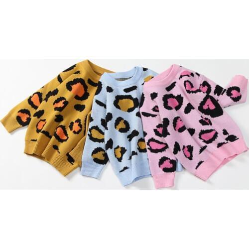 1-7Yrs Winter Kids Girls Leopard knitted Pullover Sweaters Cotton Autmn Children Long Sleeve Tops Outfits