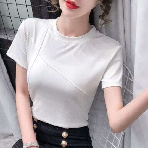 2021 Summer Womens T-shirts Tops Fashion Basic Solid Short Sleeve Line Top Tee Shirt Femme O-neck Thin Cotton Casual Tees