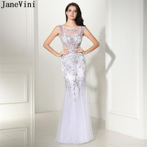 JaneVini Luxury Heavy Beading Tulle Long Bridesmaid Dresses V Neck Illusion Back Sparkly African White Mermaid Formal Prom Gowns