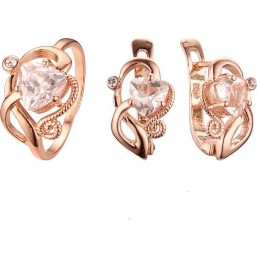 Korean Jewelry Set Rose 585 Gold Color Women Jewelry Fashion Trendy Wedding Heart Shape Earring+Ring Jewelry Sets Gift