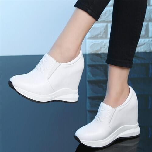 Slip On Trainers Women Genuine Leather Wedges High Heel Party Pumps Shoes Female Low Top Round Toe Fashion Sneakers Casual Shoes