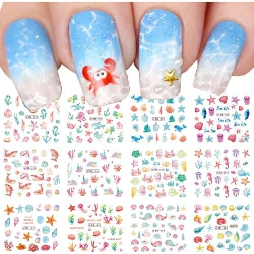 Summer Water Transfer Nail Art Stickers Ocean Animal Cartoon Sliders Starfish Octopus Whale Jellyfish Decor Decal SABN1813-1824