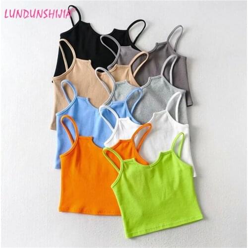 LUNDUNSHIJIA Summer Crop Tops Fluorescent Green Cotton Women Small V-Neck Sexy Sling Streetwear Sleeveless Vests Top Feminino