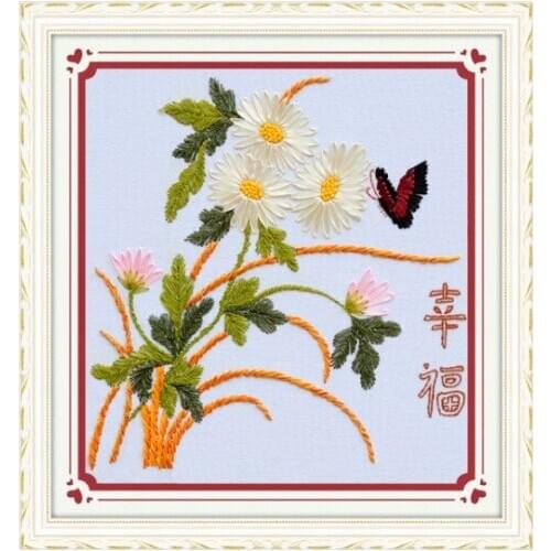 Little daisy Flowers Ribbon embroidery painting sets handcraft embroidery circle DIY handmade needlework wall art decor gift