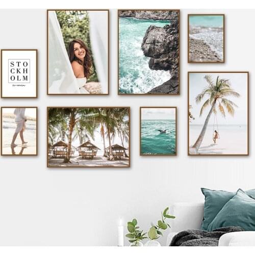Sea Beach Girl Wave Tree Stone Rose Flower Wall Art Canvas Painting Nordic Poster And Prints Wall Pictures For Living Room Decor