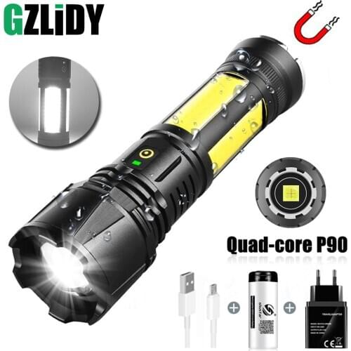 Powerful P90 LED Flashlight Waterproof COB Tactical Torch USB Rechargeable Camping Lantern with Tail Magnet Zoomable 26650 Light