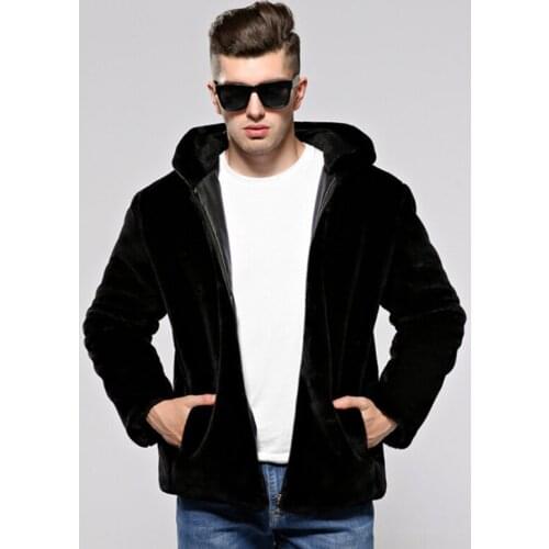 Novel New Faux Mink Coat Men Hooded Warm Faux Fur Jacket Casual Imitation Rabbit Fur Jacket Male Zipper Outerwear