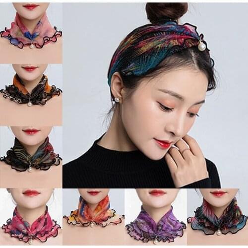 New Pearl Scarf Necklace Summer Women Lady Silk Chiffon Scarf Lace Gifts Hair Bandana Fashion Elastic All-Match Scarf