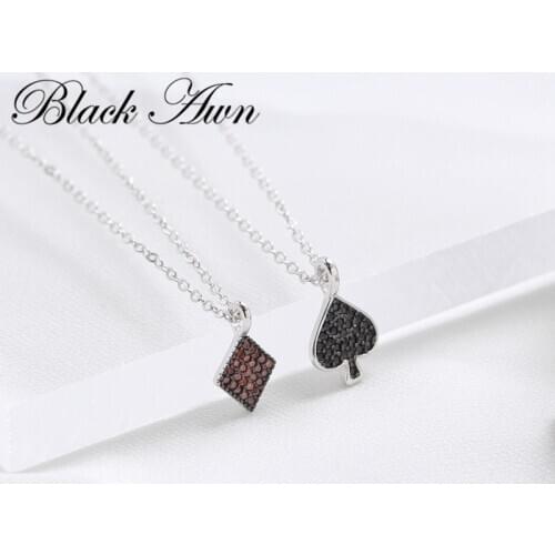 Black Awn 2020 New Arrive S925 Sterling Silver Poker Solitaire Necklace Zircon Spade Heart Red Square Clavicle Chain K066