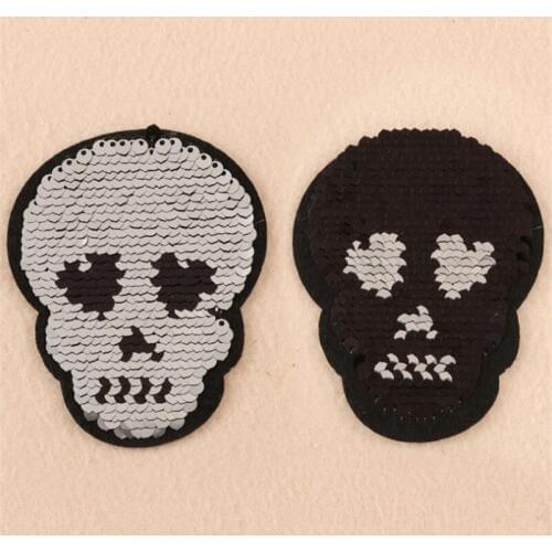 Reversible change color sequins patch deal with it clothes black skull head iron on patches for clothing t shirt women stickers