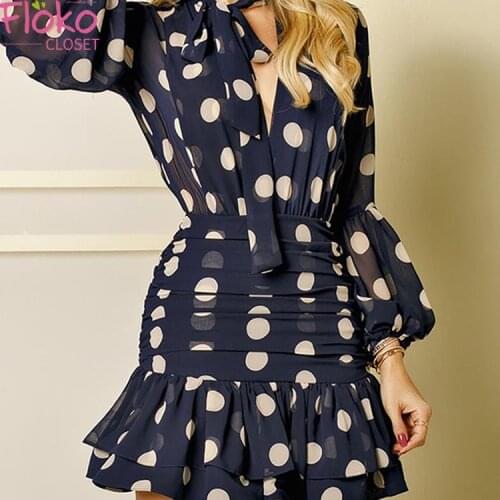 Flokocloset Polka Dot Print V-Neck Pleated Mini Dresses Casual Spring Autumn Flare Sleeve Trumpet Dress