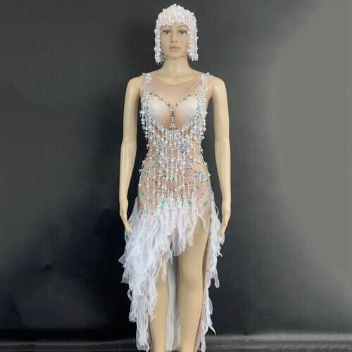 Sexy Rhinestone Dress Female Dj White Translucent One-Piece Tail Dress Adult Headwear Nightclub DJ DS Bar Stage Costume DQS5455