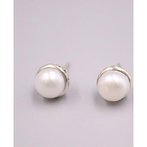 Genuine Real 925 Sterling Silver with Round Mother of Pearl Stud Earrings 0.40inch Width