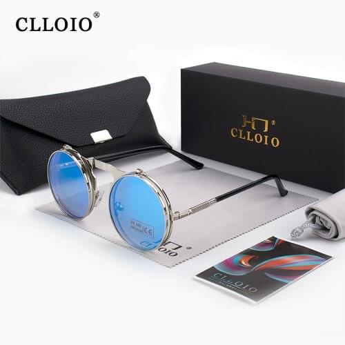 CLLOIO Steampunk Flip Sunglasses Men Women Brand Designer Circle Glasses Round Metal Frame Vintage Double lens Sun Glasses UV400