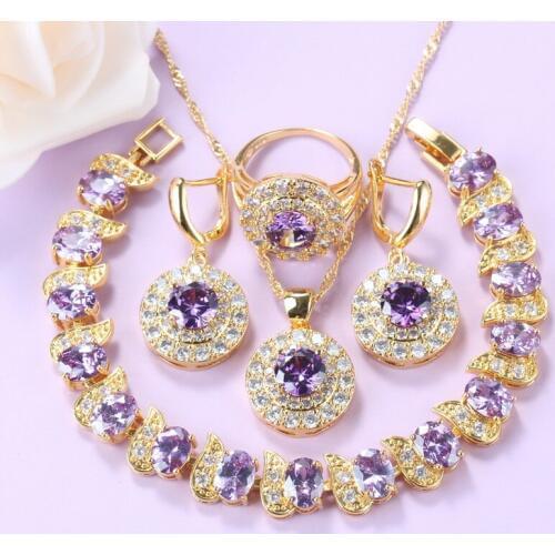 8-Colors Wedding Jewelry Sets African Bridal Gold Color Round Purple Crystal Bracelet And Ring Trendy Accessories Women Sets