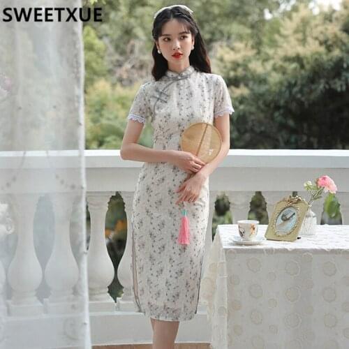 SWEETXUE Women Fairy Improved Cheongsam Young Elegant Everyday Sweet Embroidered Chinese Style Girl Lace Floral Dress Female