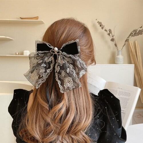 Vintage Black Lace Big Bowknot Spring Clips Geometric Graceful Temperament Hair Accessories for Women Girls Headwear