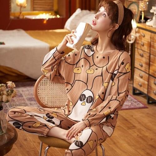 Women Autumn Winter Cotton Long-Sleeved Trousers Warm Home Suits Plus Size O-Neck Pullover Cool Cartoon Duck Womens Cute Pajamas