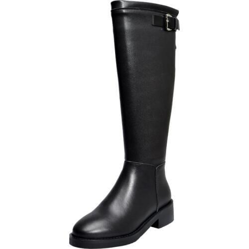 Winter Riding Boots Women Natural Genuine Leather Block Heel Knee High Boots Zipper Square Toe Long Shoes Lady Autumn