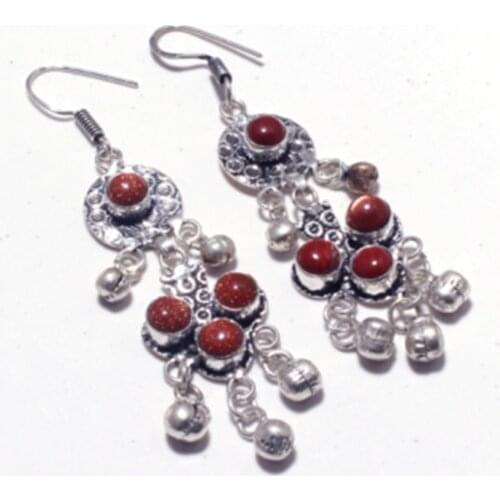 Genuine Brown Sunstone Silver Overlay on Copper Earrings ,Hand made Women Jewelry Gift , E5328