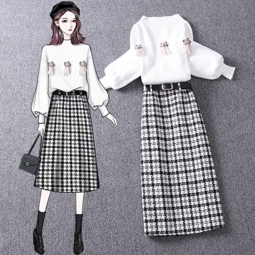 Women O-neck Slim Knitted Sweater Top and High Waist Plaid Midi Skirt with Belt 2 Piece Set Autumn Winter New Elegant Sets H76