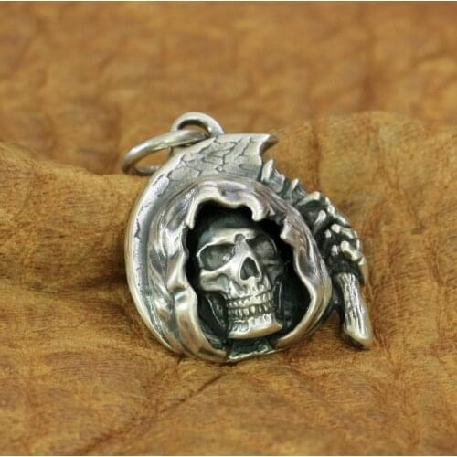 925 Sterling Silver Sickle Death Skull Pendant Mens Biker Punk Pendant TA53